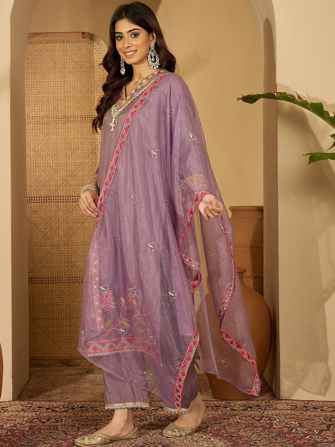 Embroidered V-Neck Kurta & Trousers Kurta Set