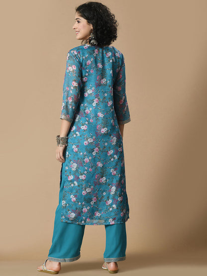Floral Printed V Neck Straight Kurta With Palazzo