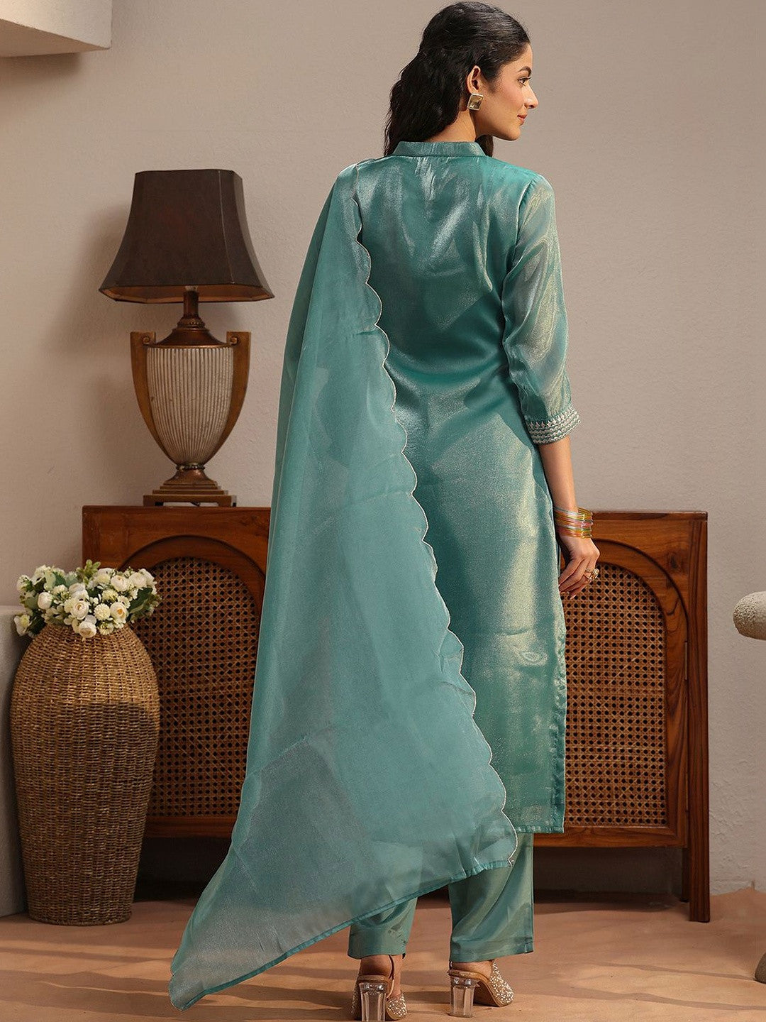 Libas Blue Yoke Design Tissue Straight Suit Set