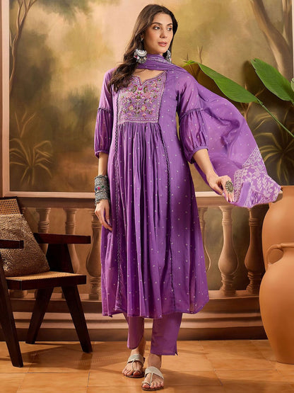 Dhiyona SN Women's Thread Embroidered Pure Cotton Anarkali Kurta With Trousers & Dupatta