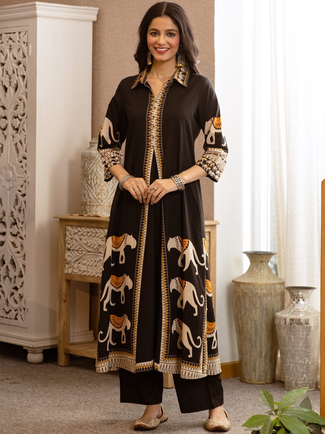 Dhiyona SN Printed Pure Cotton A-Line Kurta With Trousers