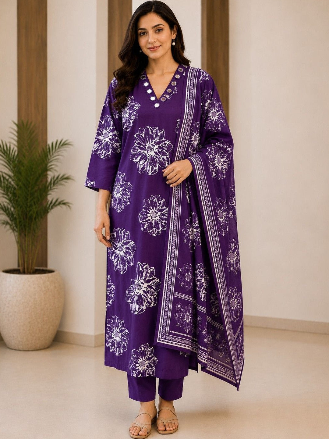 Women Floral Printed Regular Pure Cotton Kurta with Trousers & With Dupatta