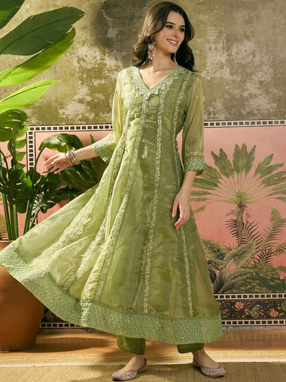 Embroidered V-Neck Kurta Trousers & Dupatta