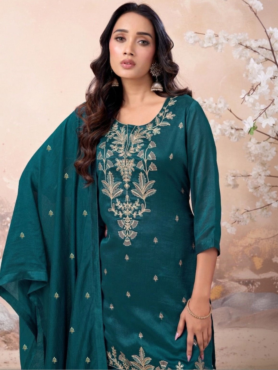 Embroidered Silk Blend Round Neck Kurta & Sharara With Dupatta