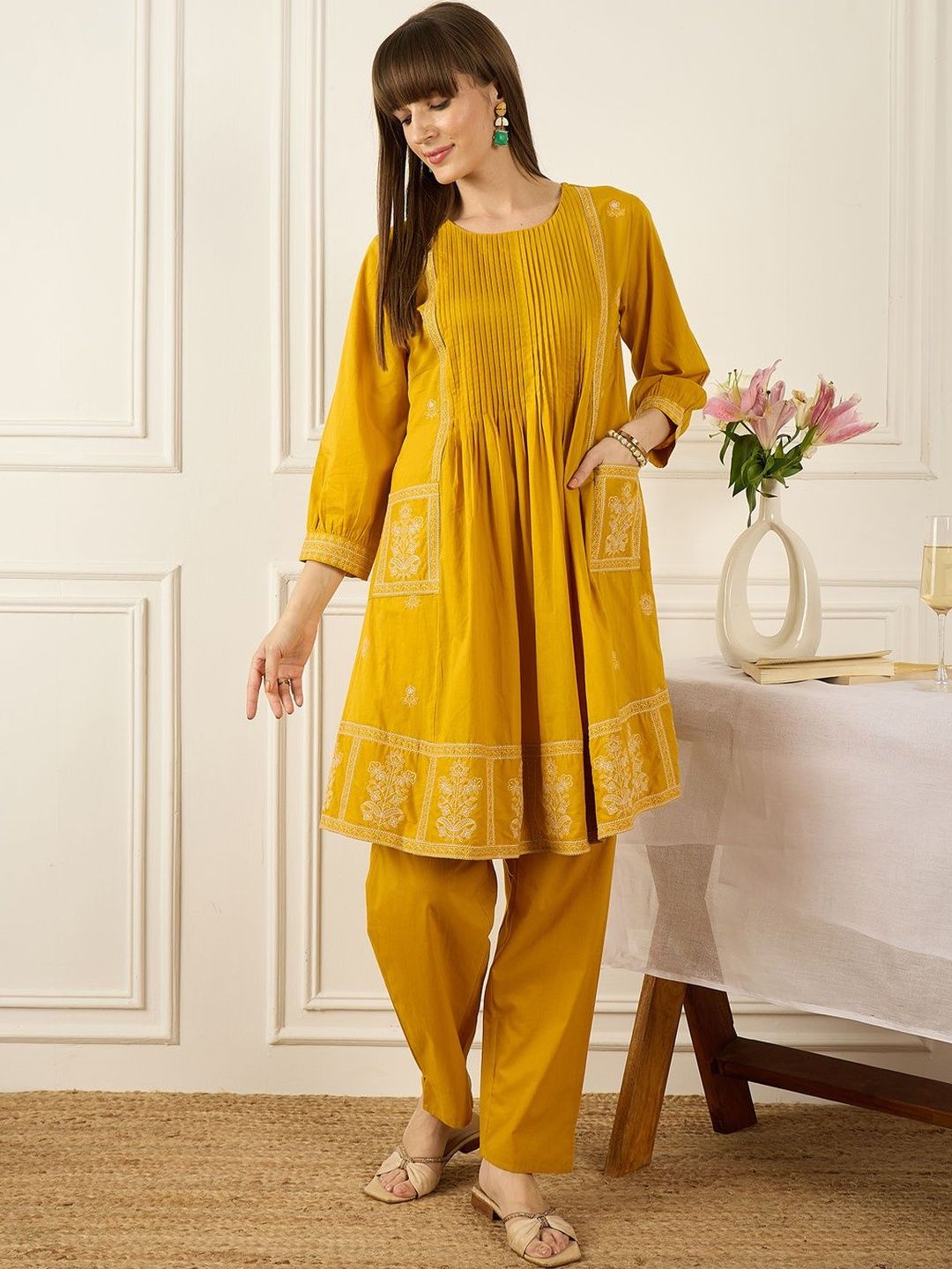 Flral Embroidered Pleated Thread Work Pure Cotton A-Line Kurta With Trousers
