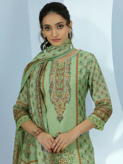 Women's LB Green Printed Linen Straight Suit With Dupatta