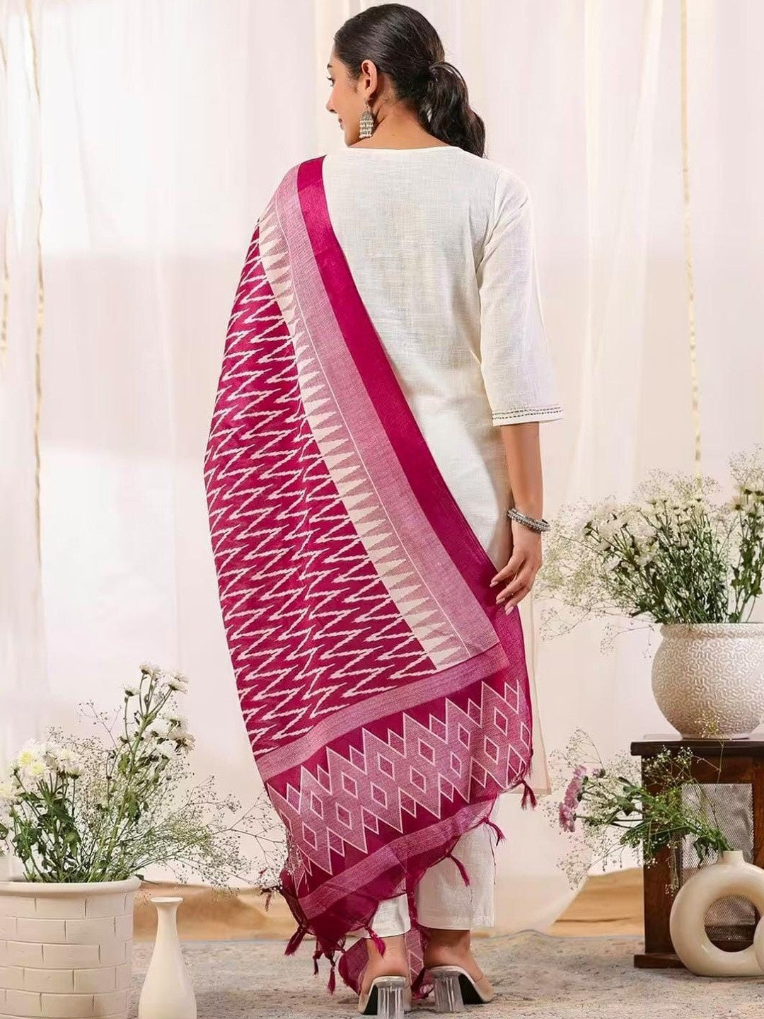 Pure Cotton Round Neck Kurta & Trousers With Dupatta