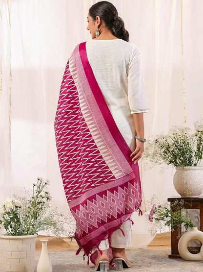 Pure Cotton Round Neck Kurta & Trousers With Dupatta
