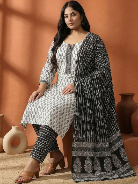 Dhiyona Women's Ethnic Motifs Printed Regular Pure Cotton Kurta with Trousers & With Dupatta
