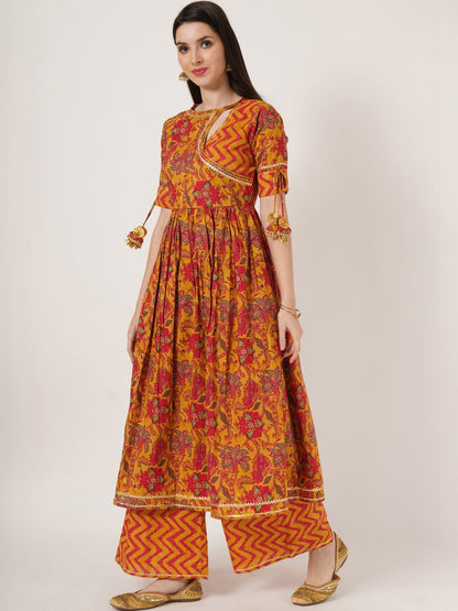 Women Floral Printed Angrakha Pure Cotton Kurta with Palazzos