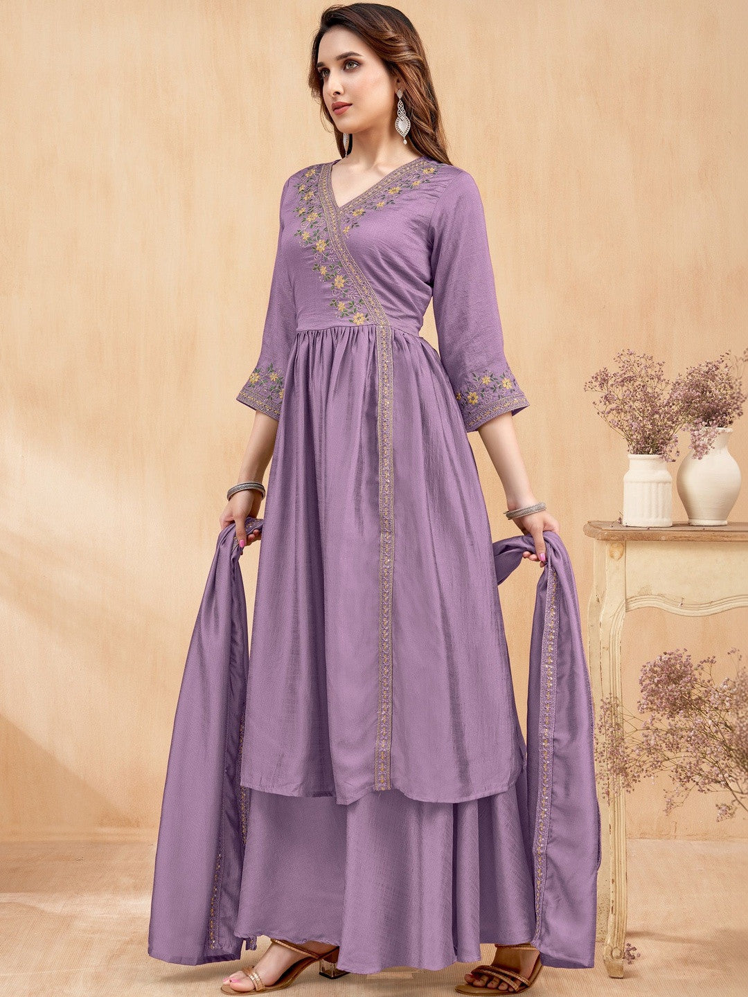 Embroidered V-Neck Kurta Trousers & Dupatta