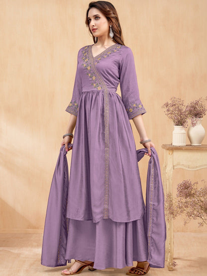 Embroidered V-Neck Kurta Trousers & Dupatta