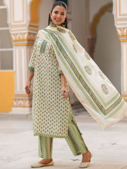 Dhiyona RR Women's Printed Sequinned Pure Cotton Kurta with Trousers & Dupatta