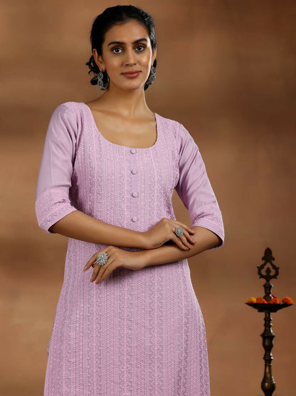 Women's LB Mauve Embroidered Silk Blend Straight Suit With Dupatta