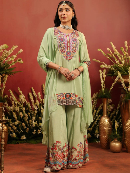 Dhiyona SC Women Paisley Embroidered Regular Thread Work Silk Crepe Kurta Set