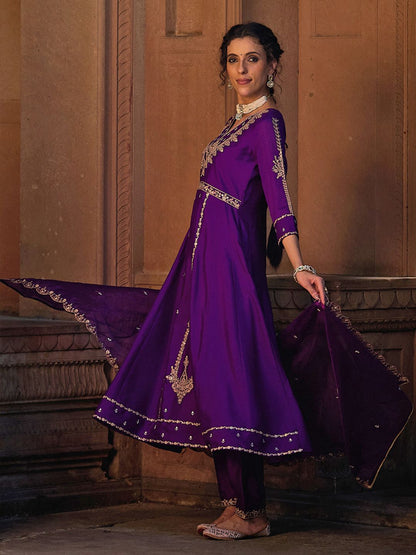 Dhiyona CH Women Floral Embroidered A-Line Kurta with Trousers & Dupatta