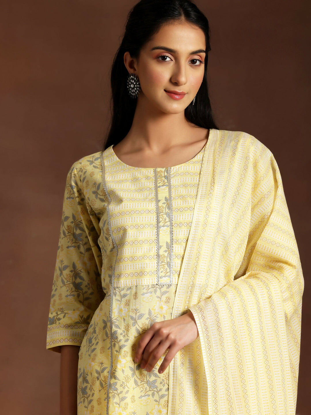 Women's LB Yellow Printed Cotton Straight Suit With Dupatta