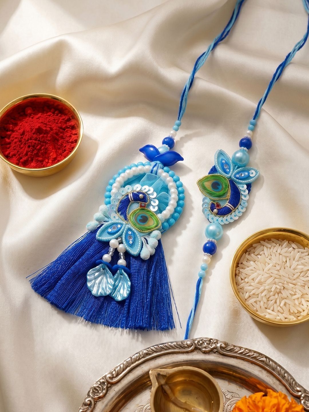 Dhiyona Set Of 2 Peacock Design Bhaiya Bhabhi Rakhi With Roli Chawal Chandan Mishri