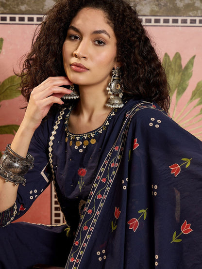 Printed Pure Cotton Round Neck Kurta & Trousers With Dupatta