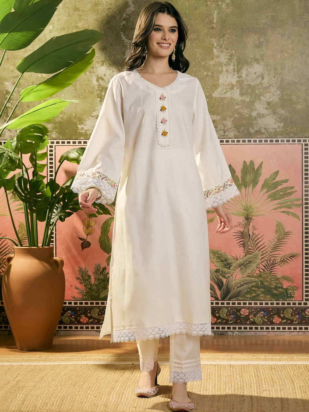 Embroidered V-Neck Kurta & Trousers Kurta Set