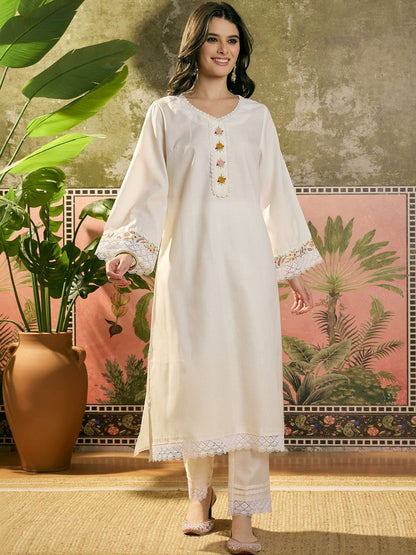 Embroidered V-Neck Kurta & Trousers Kurta Set