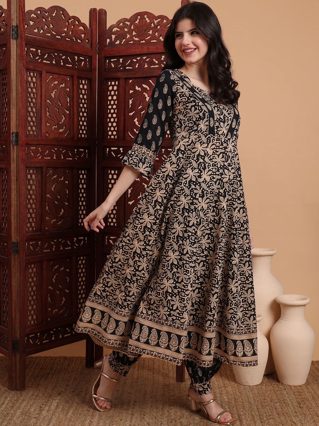 Dhiyona KL Women Ethnic Motifs Printed Panelled Pure Cotton Kurta with Harem Pants & With Dupatta