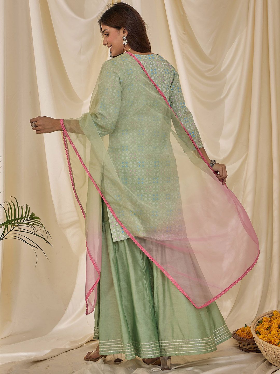 Dhiyona HOP Floral Printed V-Neck Straight Kurta & Sharara With Dupatta