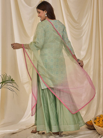 Dhiyona HOP Floral Printed V-Neck Straight Kurta & Sharara With Dupatta