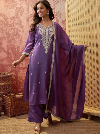 Embroidered Sweetheart Neck Kurta & Palazzos With Dupatta