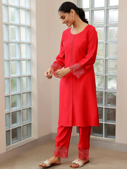 Women's LB Red Yoke Design Silk Blend Straight Suit With Dupatta