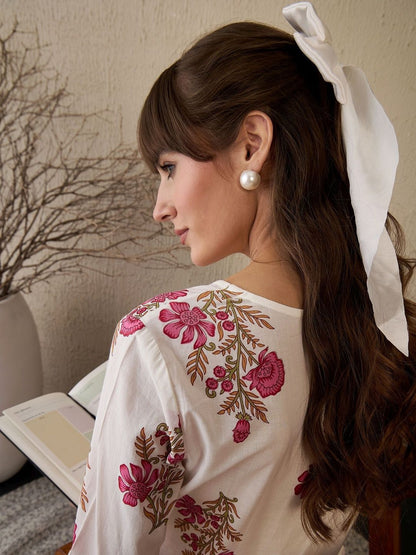 Floral Printed V-Neck Straight Pure Cotton Kurta With Trouser