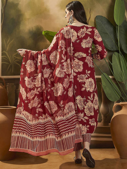 Floral Printed Pure Cotton Anarkali Kurta With Trouser & Dupatta