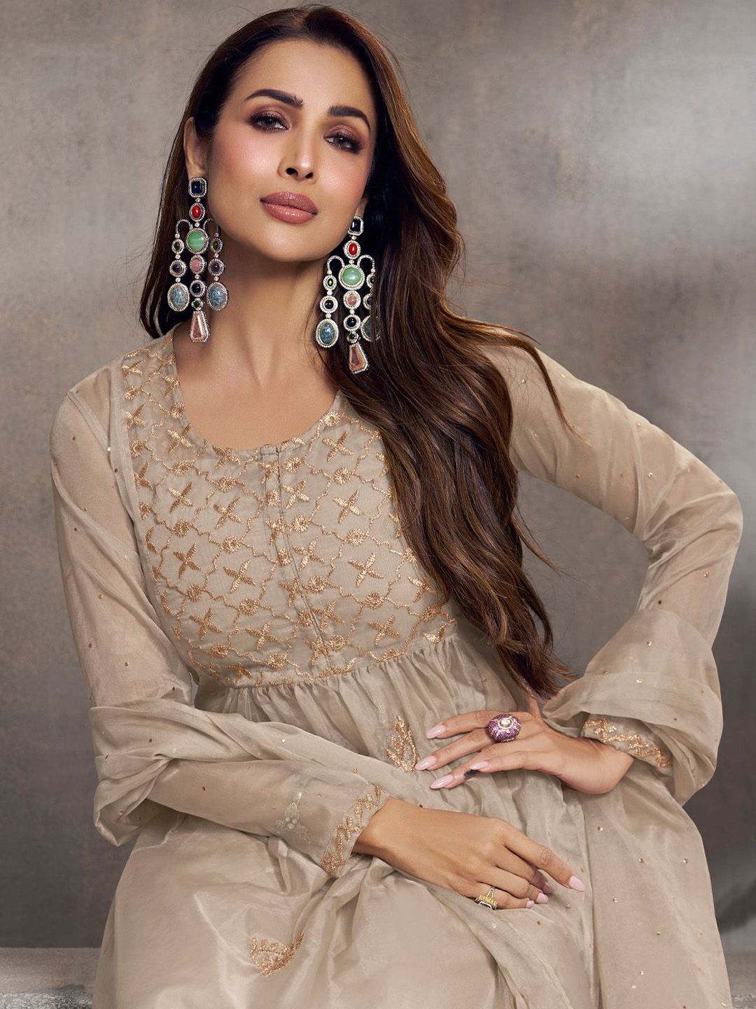 Dhiyona IN Ethnic Motifs Embroidered Pleated Zari Organza Kurta With Palazzos & Dupatta