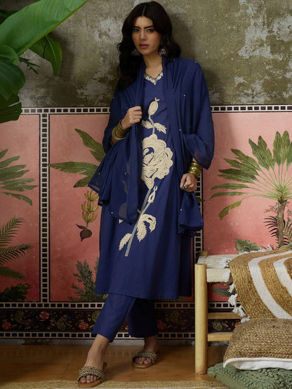 Embroidered V-Neck Kurta Trousers & Dupatta
