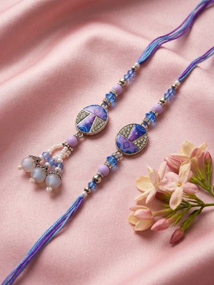 Dhiyona Set Of 2 Purple Artificial Beads Traditional Bhaiya Bhabhi Rakhi With Roli Chawal