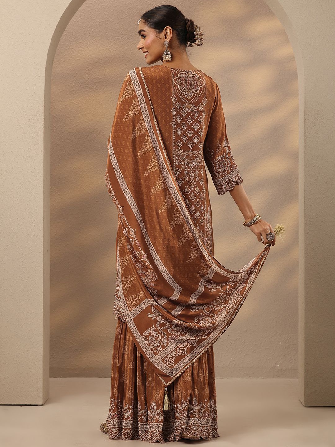 Dhiyona LL Women Ethnic Motifs Embroidered Regular Thread Work Silk Crepe Kurta with Sharara & With Dupatta