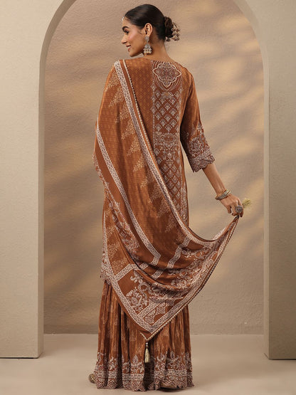 Dhiyona LL Women Ethnic Motifs Embroidered Regular Thread Work Silk Crepe Kurta with Sharara & With Dupatta