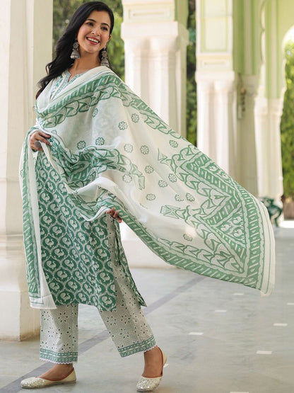 Dhiyona RR Women's Printed Pure Cotton Kurta with Trousers & With Dupatta