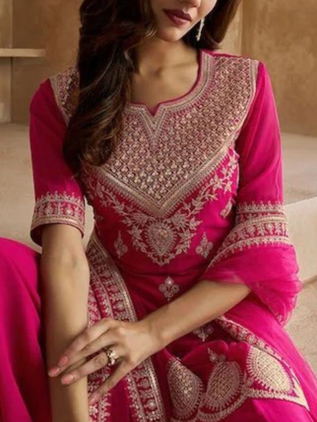 Dhiyona KL Floral Embroidered Notch Neck Sequinned Georgette Kurta With Sharara & Dupatta