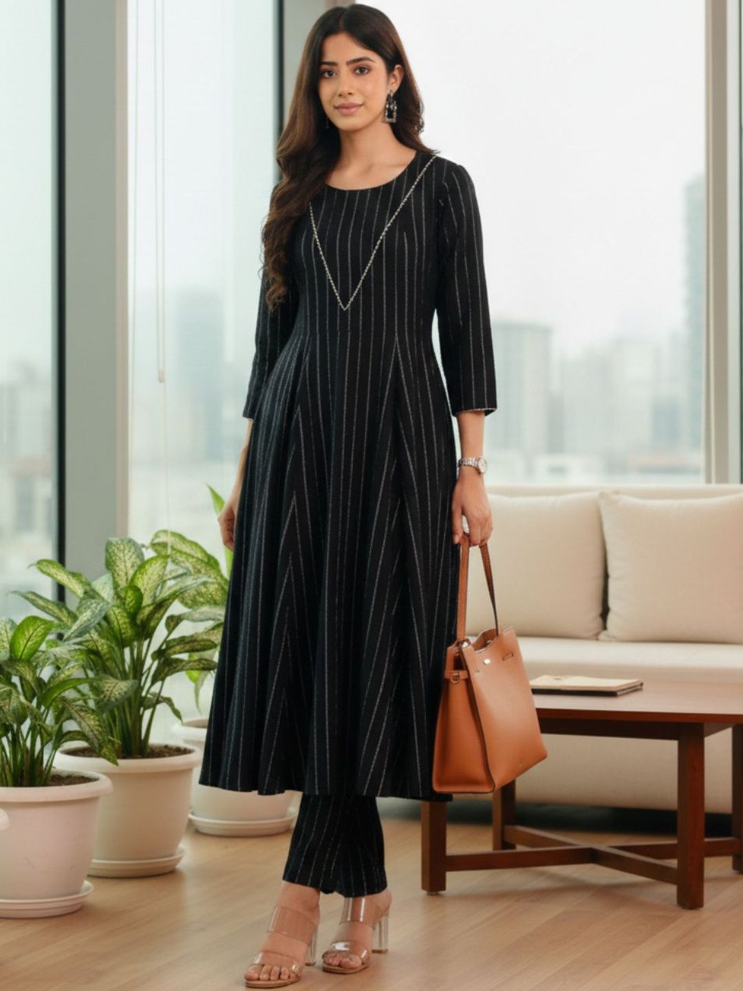 Black Women Striped Regular Silk Crepe Kurta with Trousers