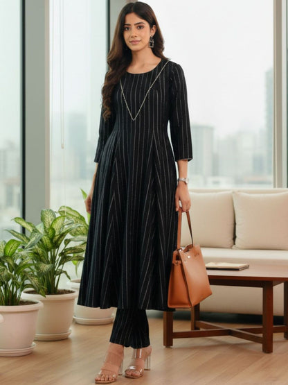 Black Women Striped Regular Silk Crepe Kurta with Trousers