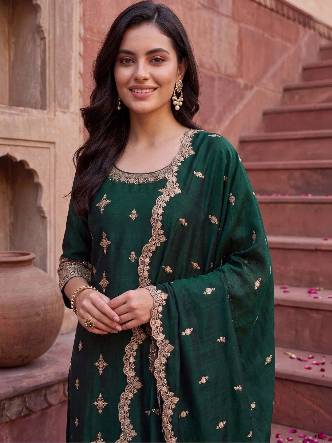 Women Ethnic Motifs Embroidered Regular Kurta with Trousers & With Dupatta