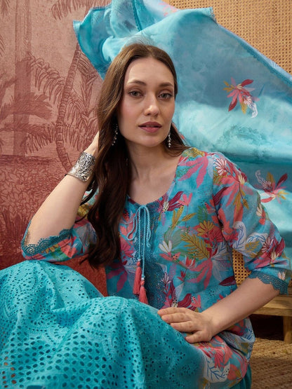 Floral Printed Round Neck Lace Hem Kurta & Trousers With Dupatta