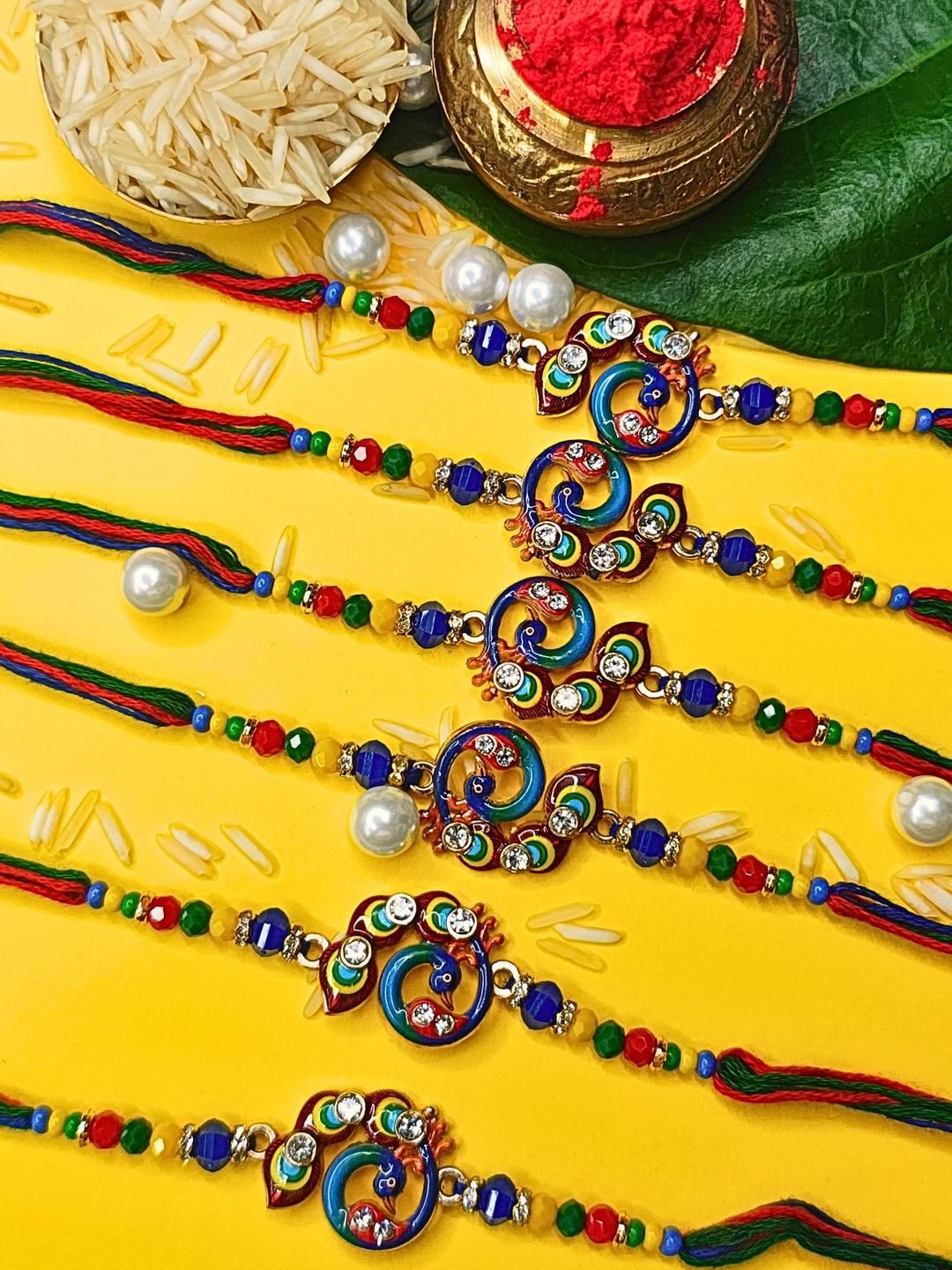 Dhiyona Set Of 6 Beaded Cotton Thread with AD Stones & Meenakari Designer Rakhi for Brother