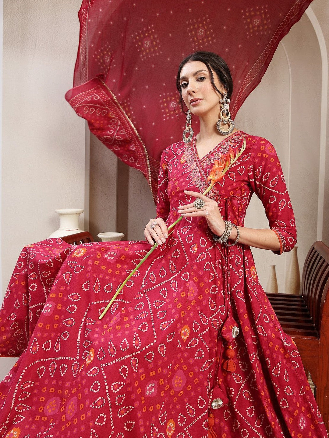 Printed Cotton V-Neck Kurta & Palazzos With Dupatta