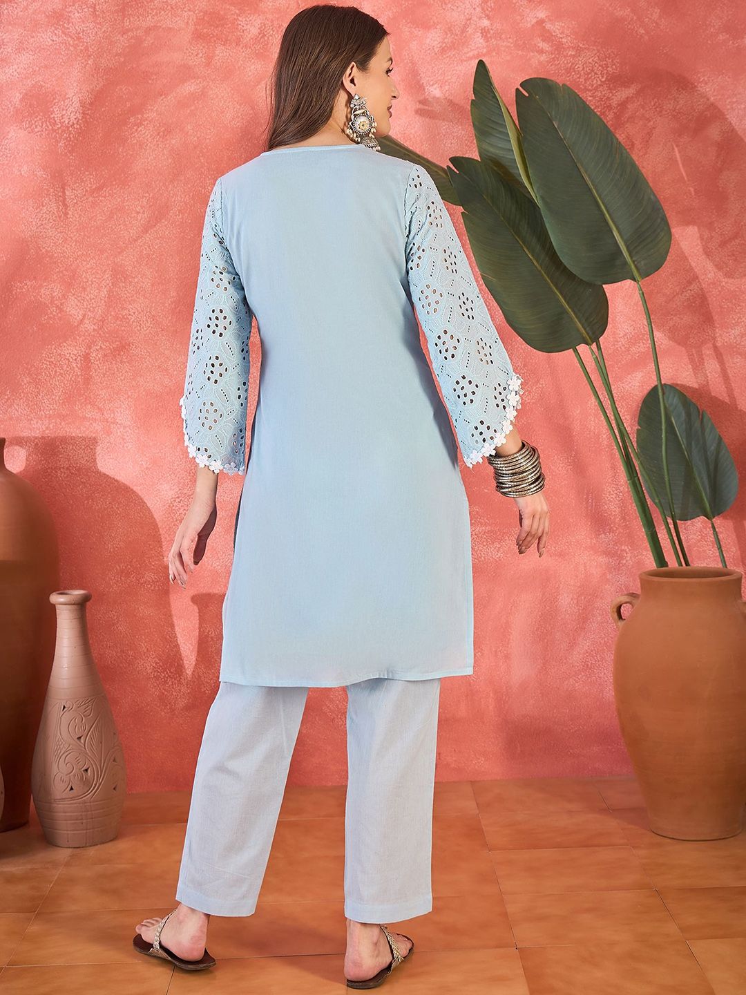 Dhiyona SN Women's Floral Schiffli Embroidered Thread Work Pure Cotton Straight Kurta With Trousers