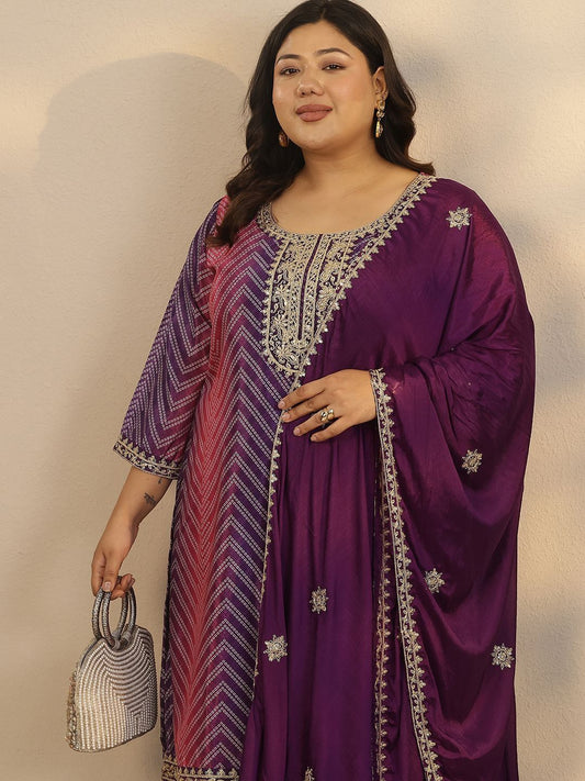 Dhiyona Women's Plus Size Printed Thread Work Kurta with Sharara & Dupatta