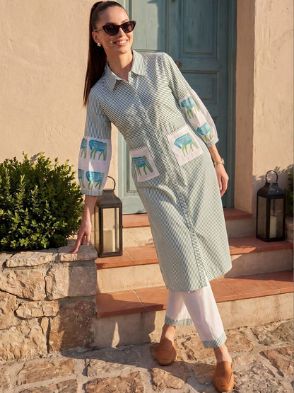 Women Striped Regular Pure Cotton Kurta with Trousers