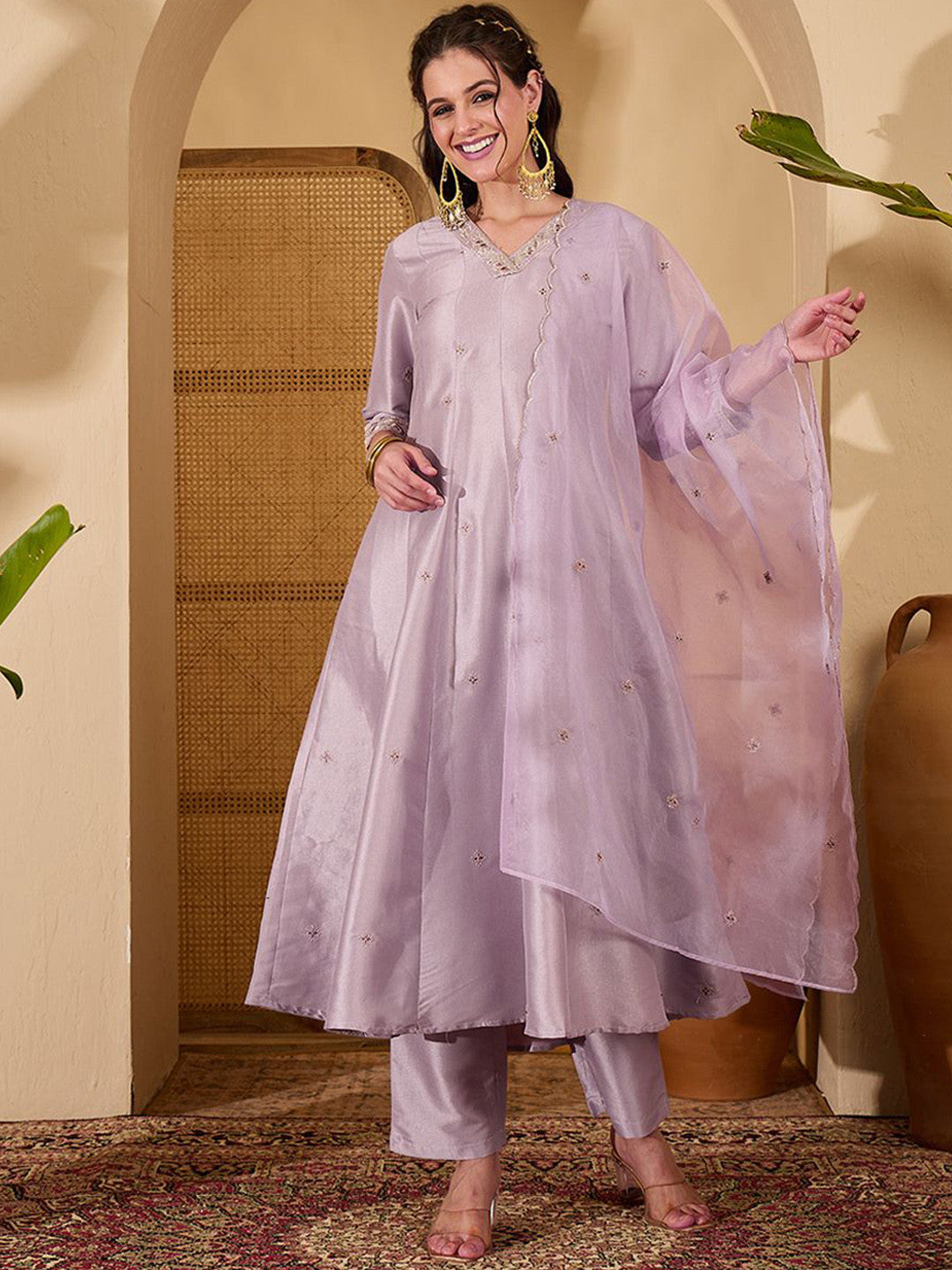 Women Floral Embroidered A-Line Kurta with Trousers & Dupatta