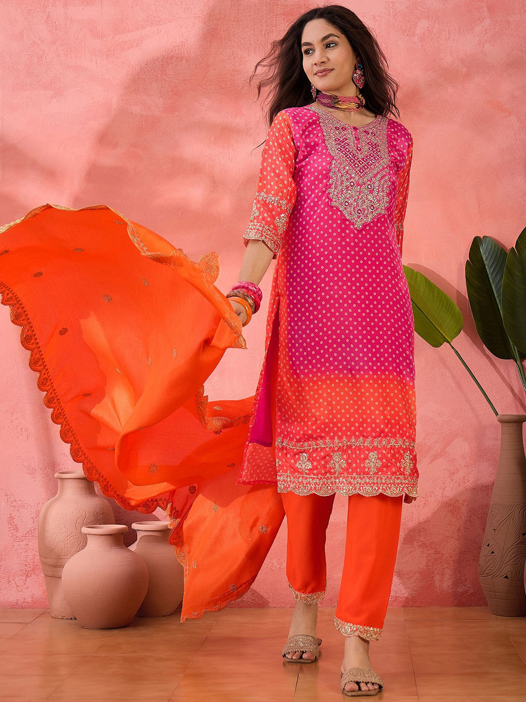 Bandhani Embroidered Round Neck Straight Kurta With Trousers & Dupatta